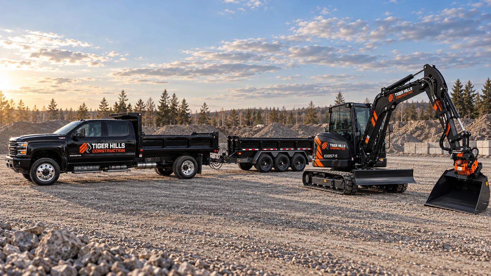 Tiger Hills black and orange equipment branding concept showing a truck, trailer and excavator.