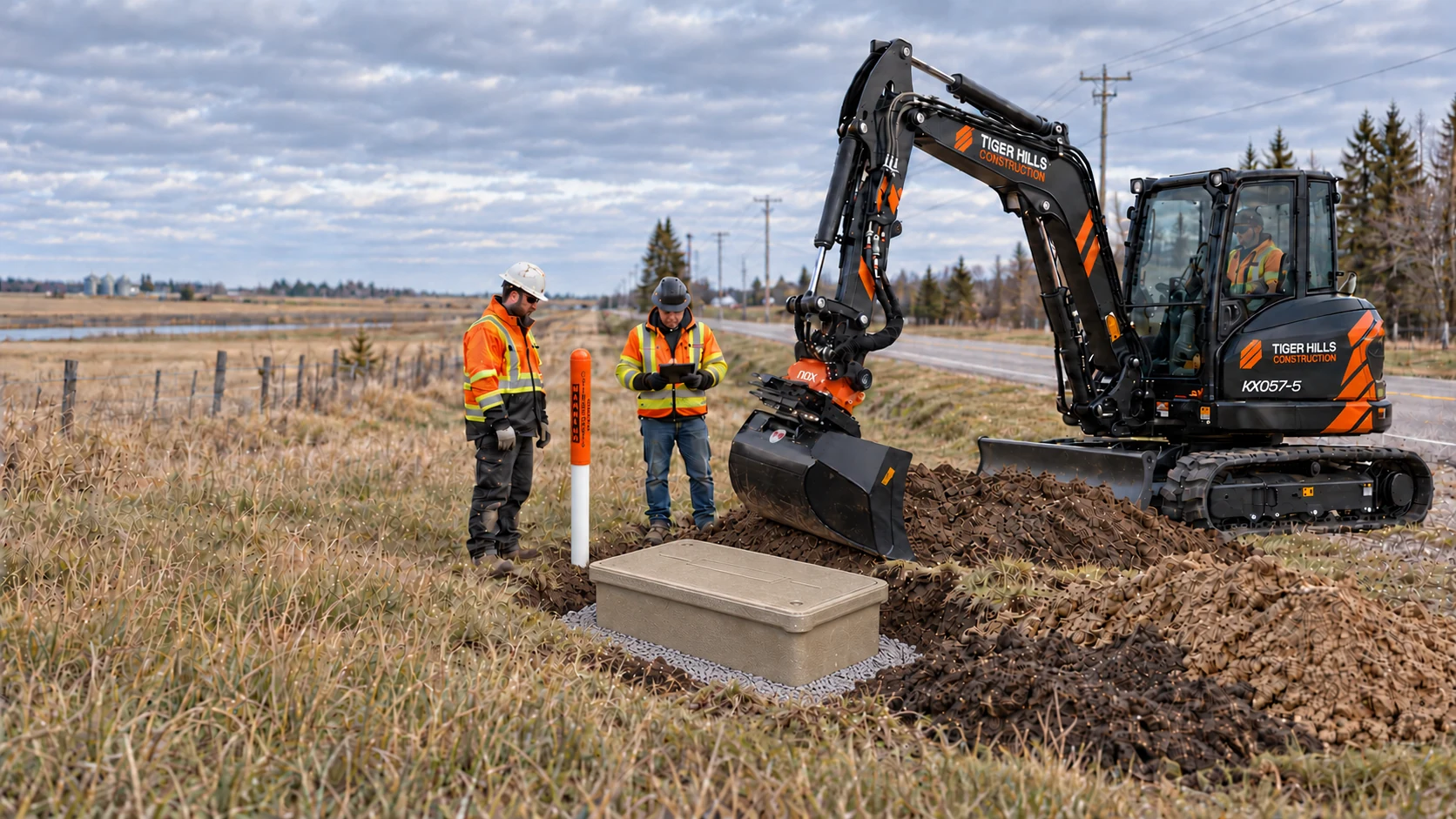 Illustrative crew and compact excavator working on a rural fibre installation.